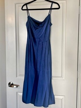 express blue slip dress Express NWT Medium Blue Silky Feel Satin Slip Maxi Dress *Tiny Flaw